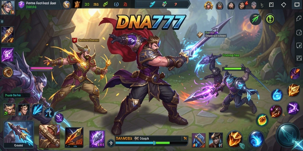 Screenshot tampilan gameplay menarik dari DNA777, menunjukkan aksi pertarungan MOBA.