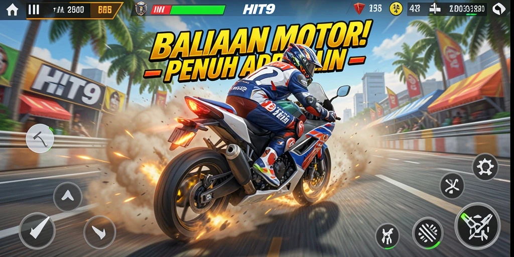 Tampilan gameplay menegangkan di HIT9 saat balapan motor.
