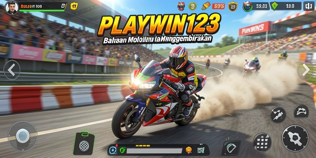 Screenshot utama PLAYWIN123 menampilkan aksi balapan motor yang mendebarkan.