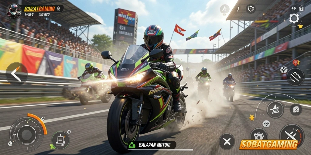 Screenshot utama SOBATGAMING menampilkan aksi balapan motor yang seru.