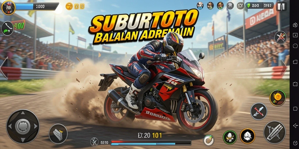 Tampilan gameplay SUBURTOTO menampilkan balapan motor yang mendebarkan.
